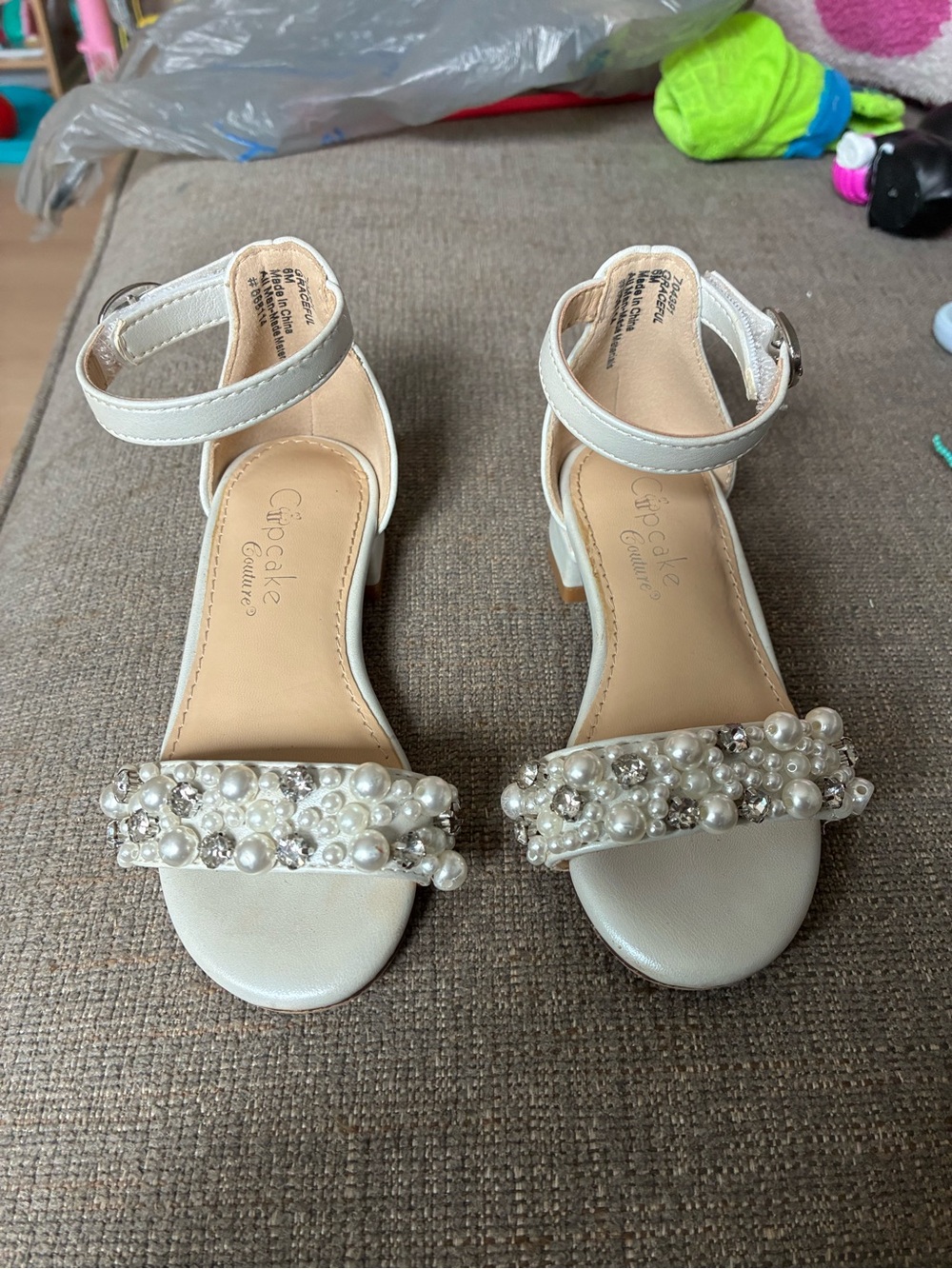 Cupcake Couture White Pearl-Embellished Ankle Strap Dress Heels for Kids